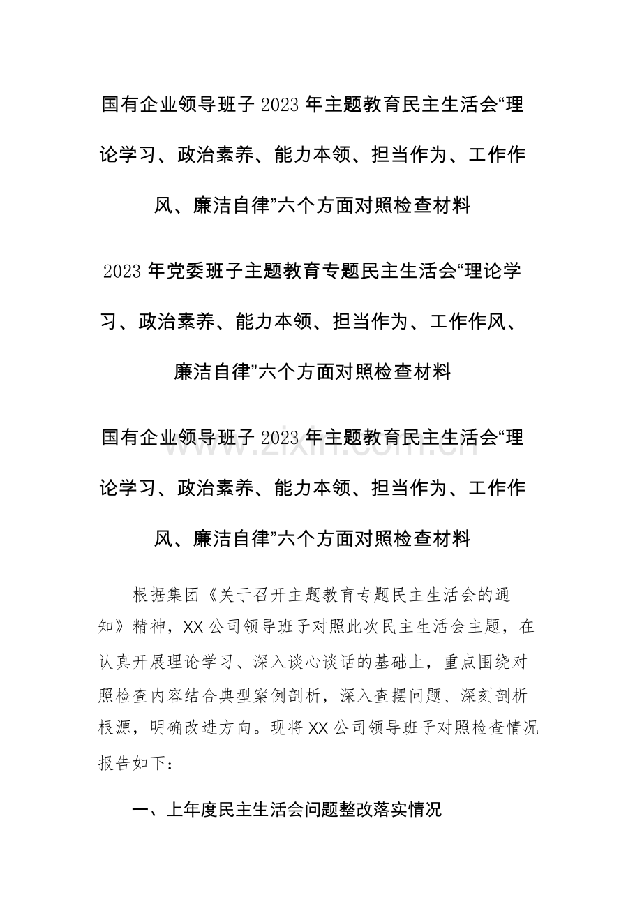 两篇：班子2023年主题教育民主生活会“理论学习、政治素养、能力本领、担当作为、工作作风、廉洁自律”六个方面对照检查材料.docx_第1页