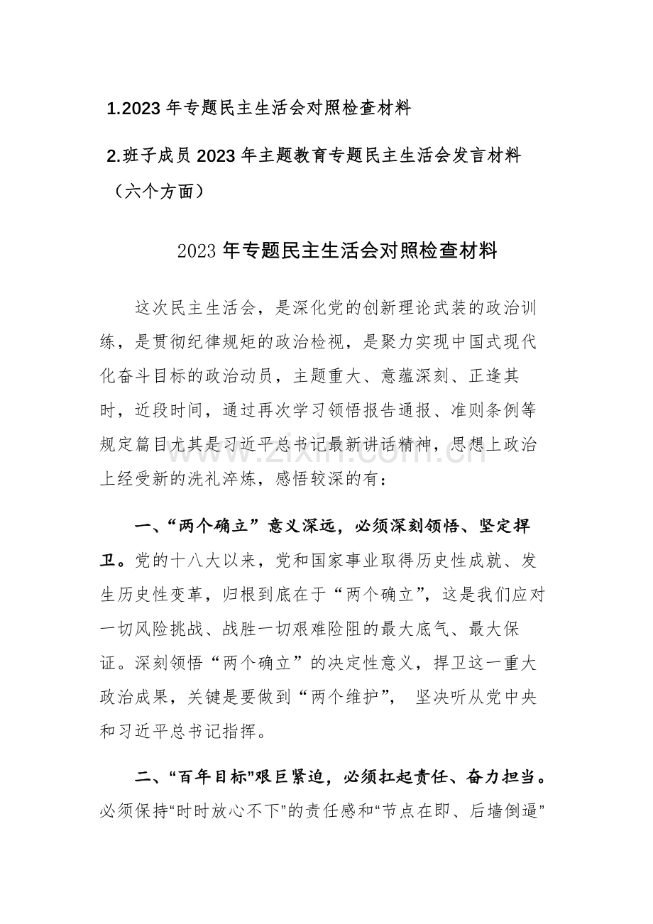 2023年专题民主生活会对照检查材料两篇参考范文.docx_第1页