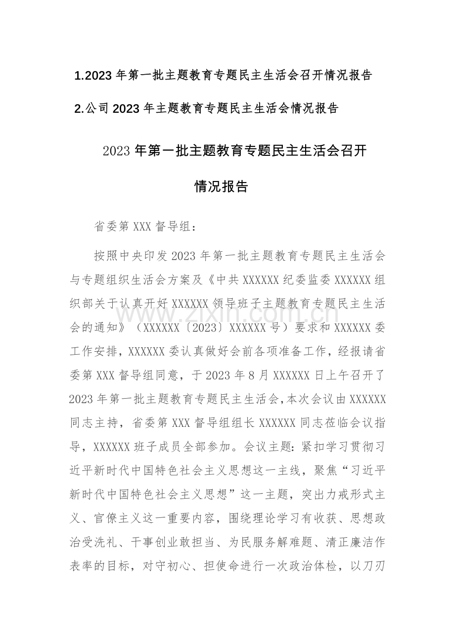 2023年第一批主题教育专题民主生活会召开情况报告范文2篇.docx_第1页