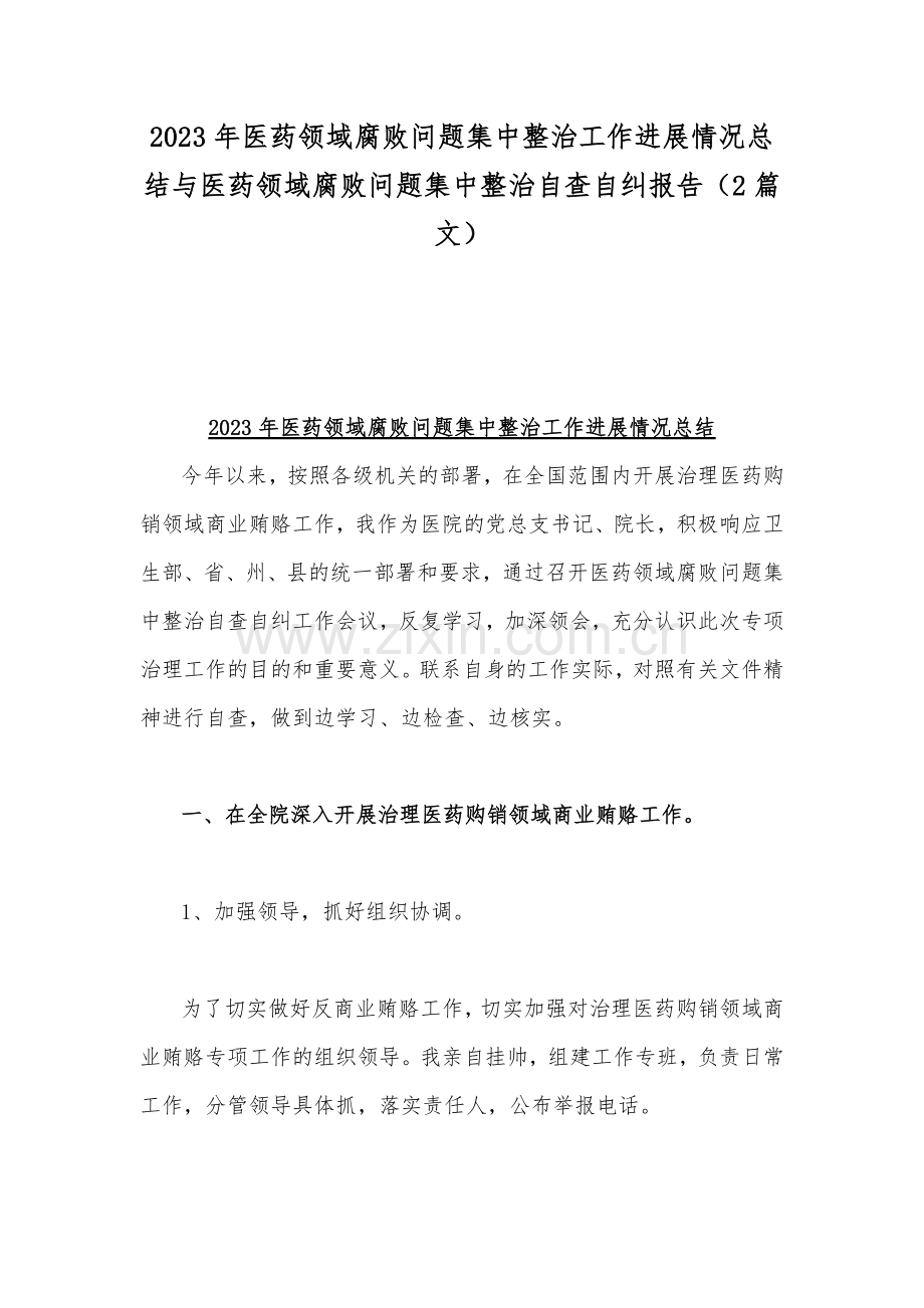 2023年医药领域腐败问题集中整治工作进展情况总结与医药领域腐败问题集中整治自查自纠报告（2篇文）.docx_第1页