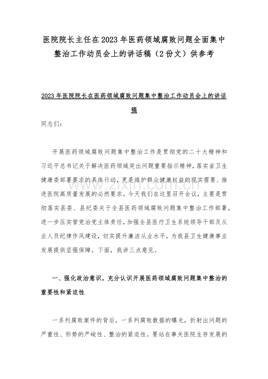 医院院长主任在2023年医药领域腐败问题全面集中整治工作动员会上的讲话稿（2份文）供参考.docx_第1页