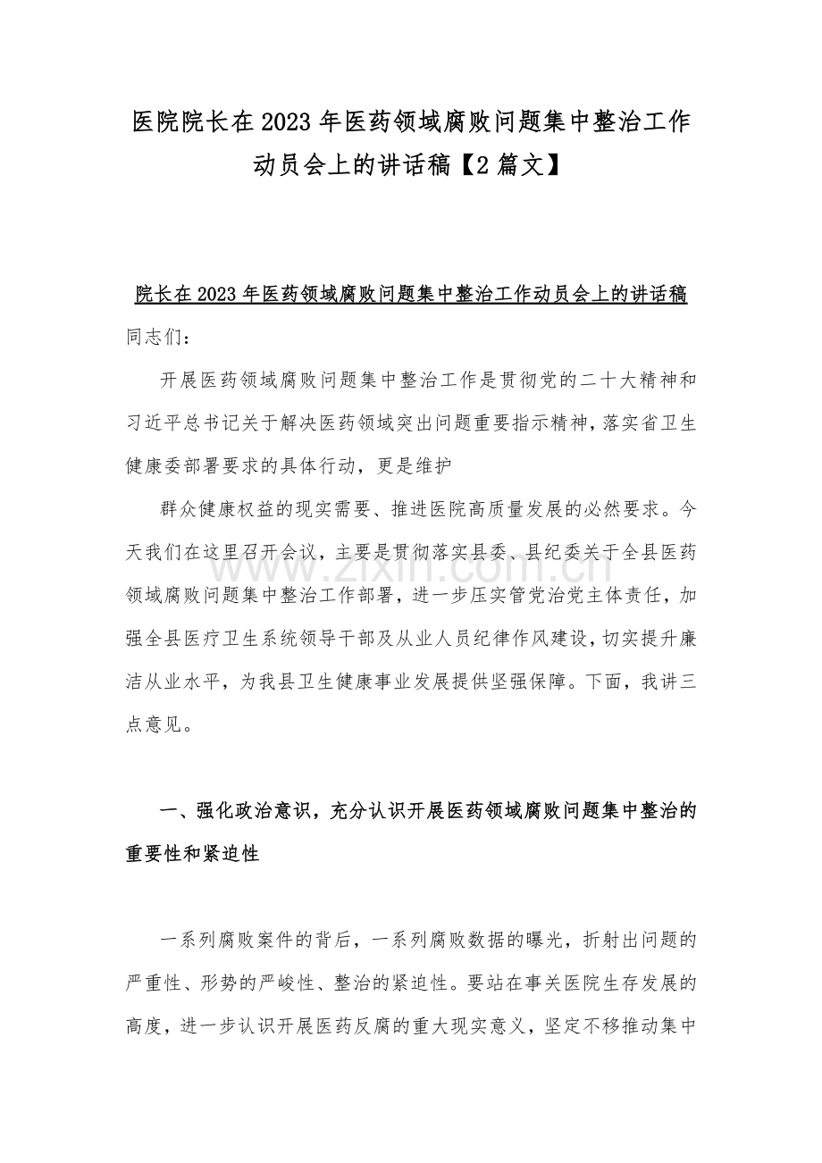 医院院长在2023年医药领域腐败问题集中整治工作动员会上的讲话稿【2篇文】.docx_第1页