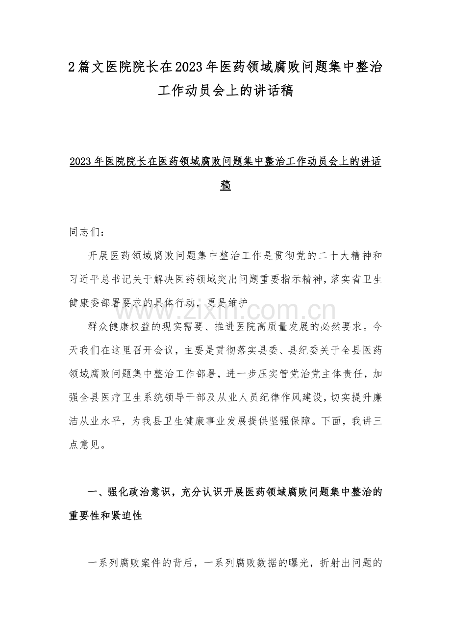 2篇文医院院长在2023年医药领域腐败问题集中整治工作动员会上的讲话稿.docx_第1页