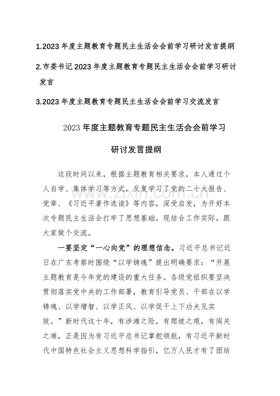 2023年度主题教育专题民主生活会会前学习研讨发言提纲3篇汇编.docx_第1页