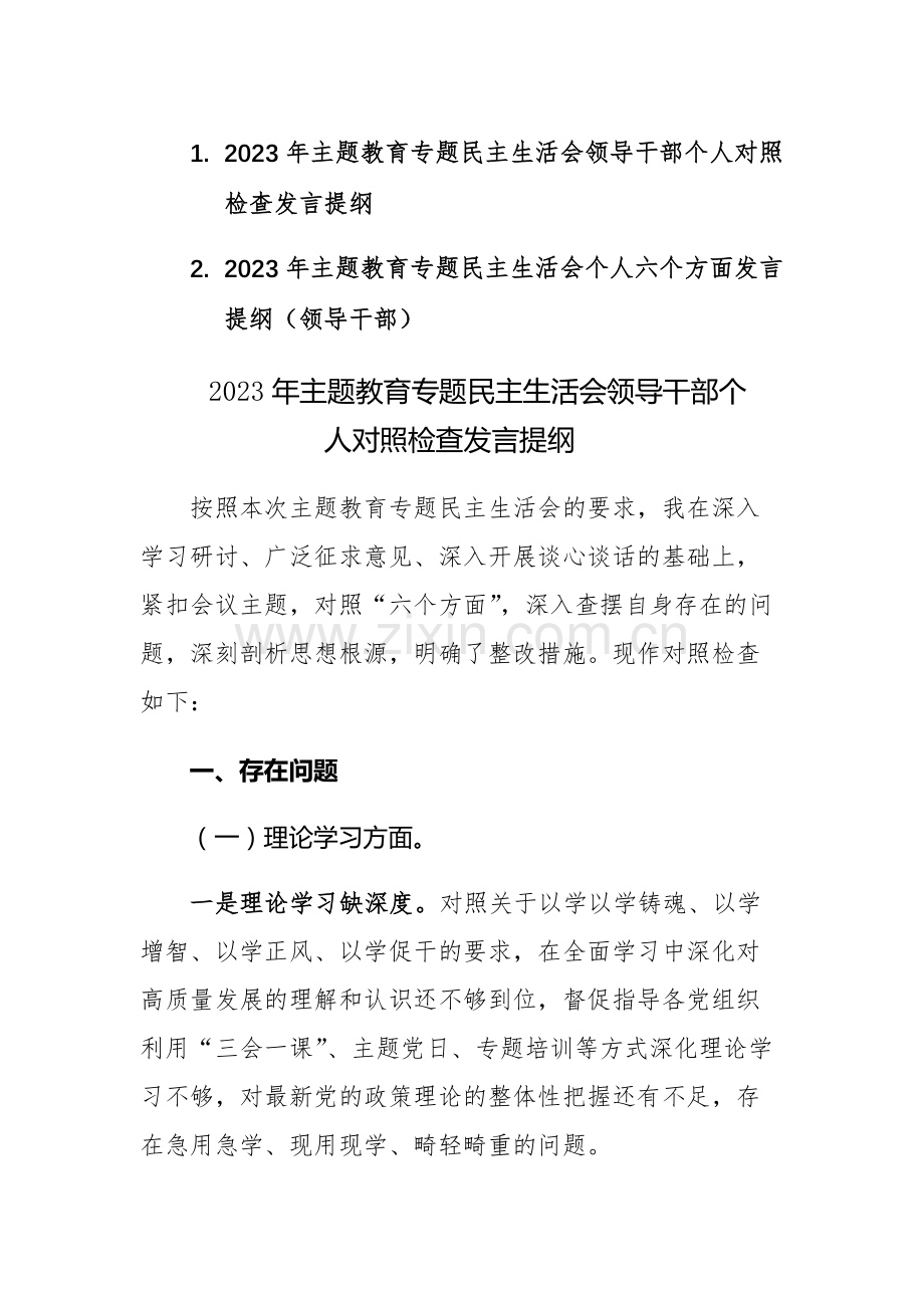 2023年第一批主题教育专题民主生活会个人六个方面发言提纲（领导干部）2篇.docx_第1页