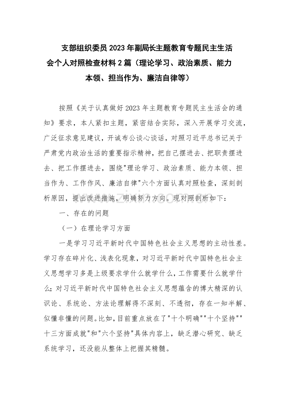 支部组织委员2023年副局长主题教育专题民主生活会个人对照检查材料2篇（理论学习、政治素质、能力本领、担当作为、廉洁自律等）.docx_第1页