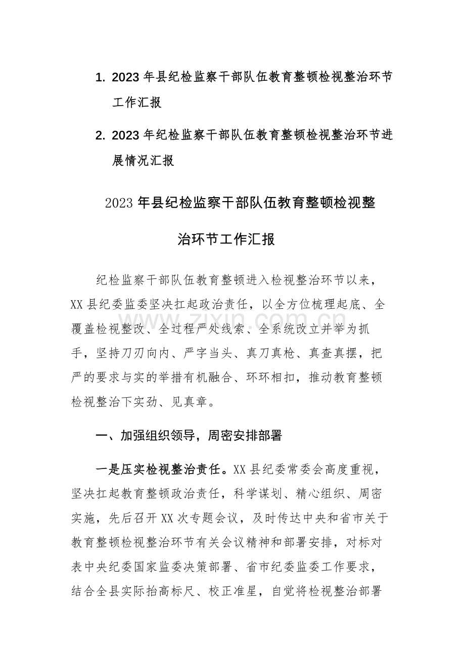 两篇：2023年县纪检监察干部教育整顿检视整治环节工作汇报范文.docx_第1页