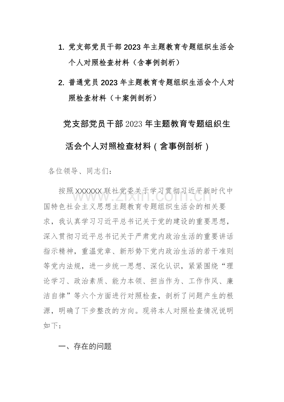 两篇：党支部党员、干部2023年主题教育专题组织生活会个人对照检查材料（含事例剖析）范文.docx_第1页