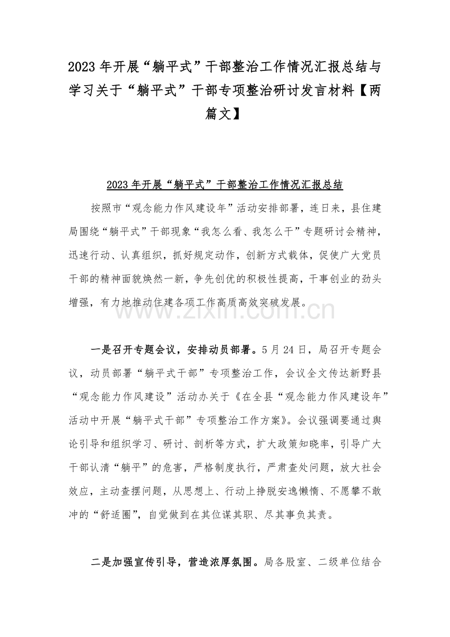 2023年开展“躺平式”干部整治工作情况汇报总结与学习关于“躺平式”干部专项整治研讨发言材料【两篇文】.docx_第1页