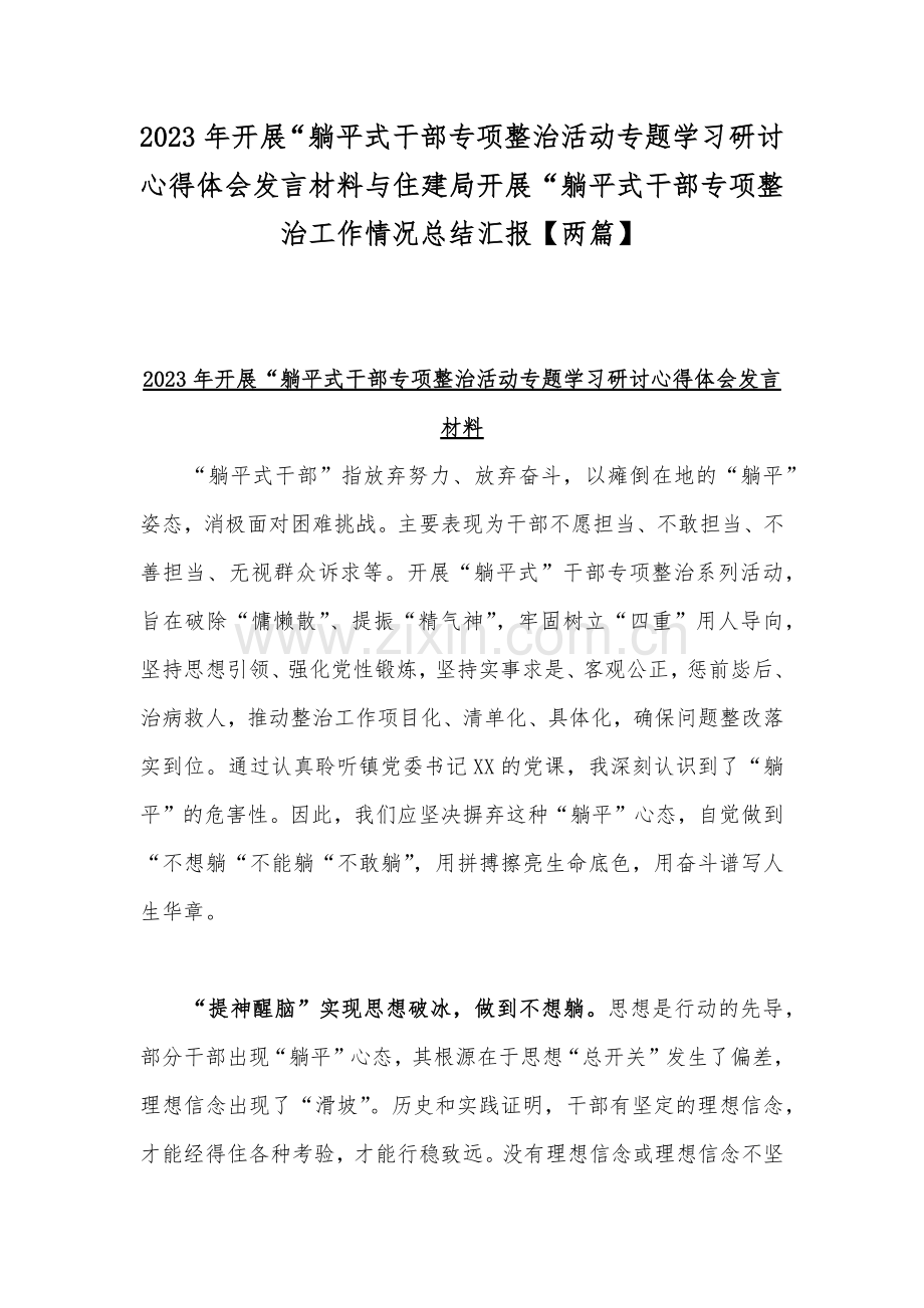 2023年开展“躺平式干部专项整治活动专题学习研讨心得体会发言材料与住建局开展“躺平式干部专项整治工作情况总结汇报【两篇】.docx_第1页