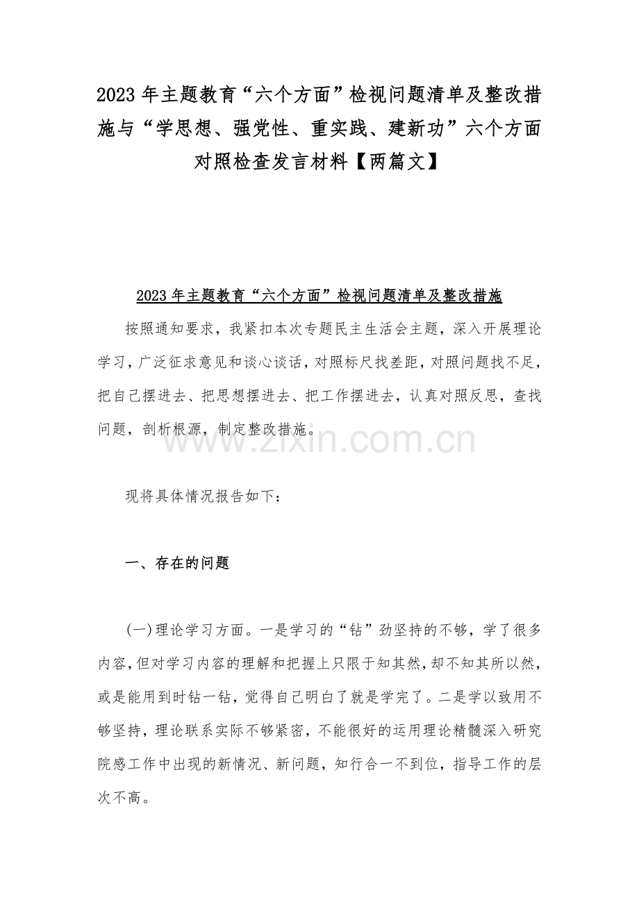 2023年主题教育“六个方面”检视问题清单及整改措施与“学思想、强党性、重实践、建新功”六个方面对照检查发言材料【两篇文】.docx_第1页