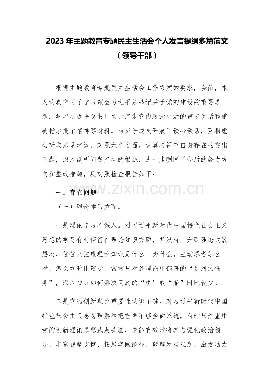 2023年主题教育专题民主生活会个人发言提纲多篇范文（领导干部）.docx_第1页