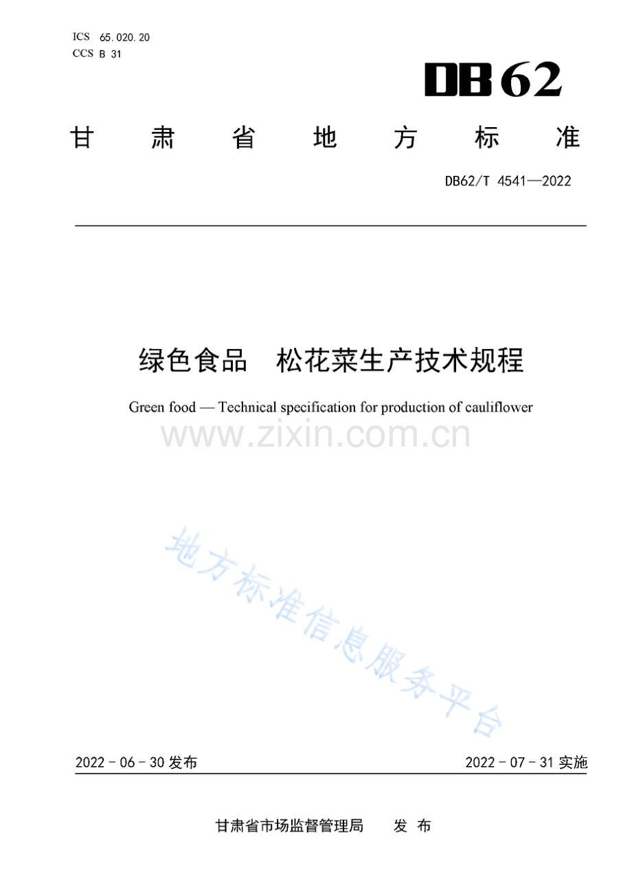 DB62_T 4541-2022绿色食品 松花菜生产技术规程.pdf_第1页