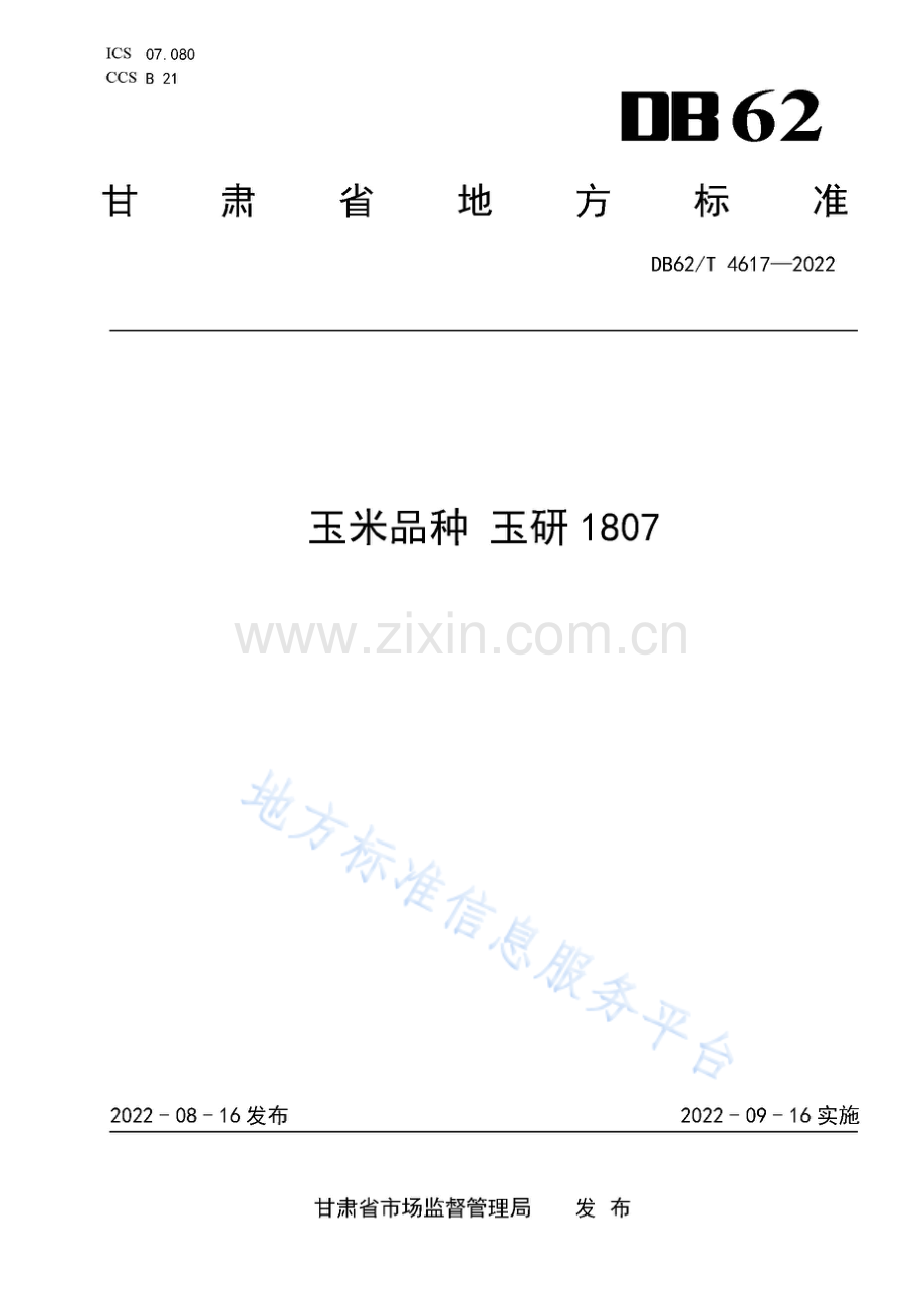 DB62_T 4617-2022-玉米品种 玉研1807.pdf_第1页