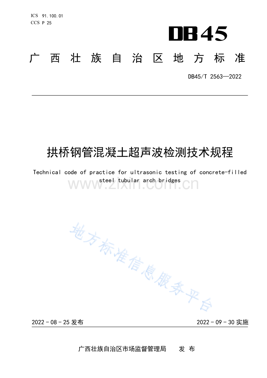 DB45_T 2563-2022 拱桥钢管混凝土超声波检测技术规程(高清正版）.pdf_第1页