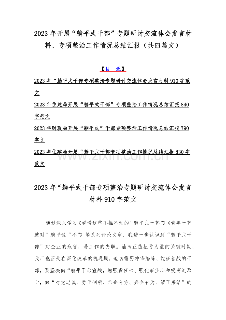 2023年开展“躺平式干部”专题研讨交流体会发言材料、专项整治工作情况总结汇报（共四篇文）.docx_第1页