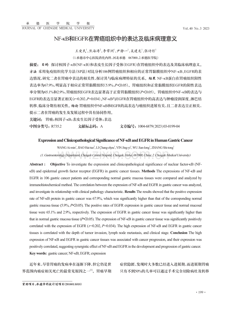 NF-κB和EGFR在胃癌组织中的表达及临床病理意义.pdf_第1页