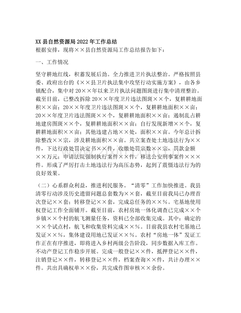 XX县自然资源局2022年工作总结.docx_第1页