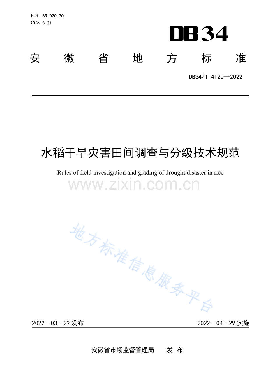 DB34_T 4120-2022水稻干旱灾害田间调查与分级技术规范-(高清现行）.pdf_第1页
