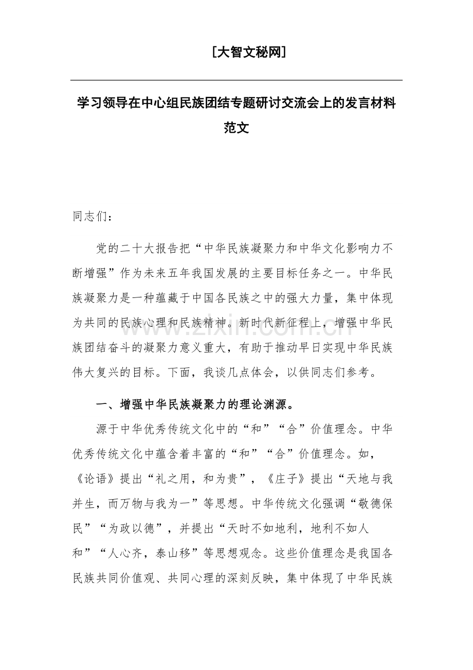 学习领导在中心组民族团结专题研讨交流会上的发言材料范文.docx_第1页