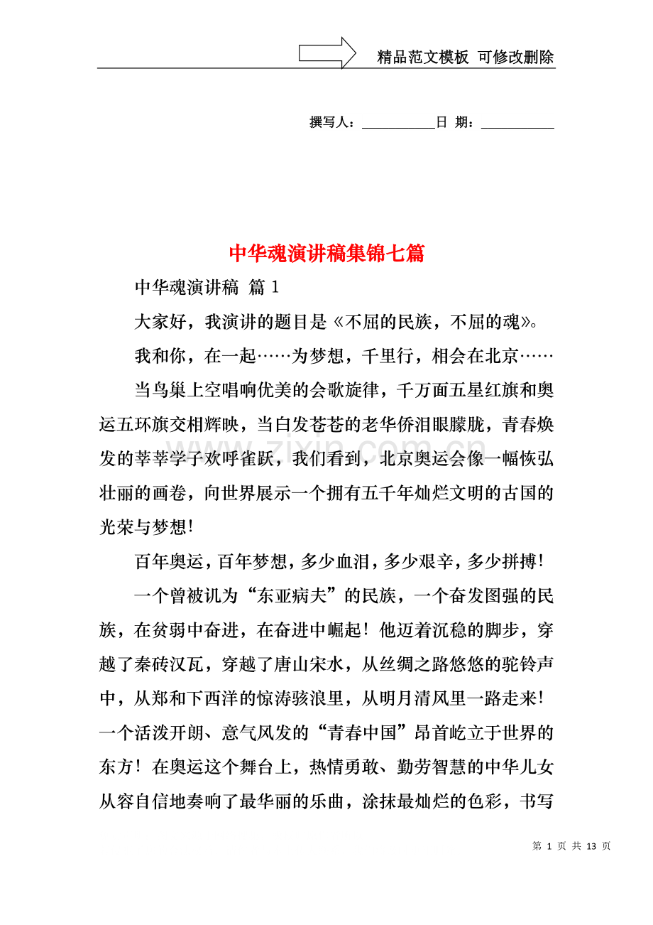 中华魂演讲稿集锦七篇.docx_第1页