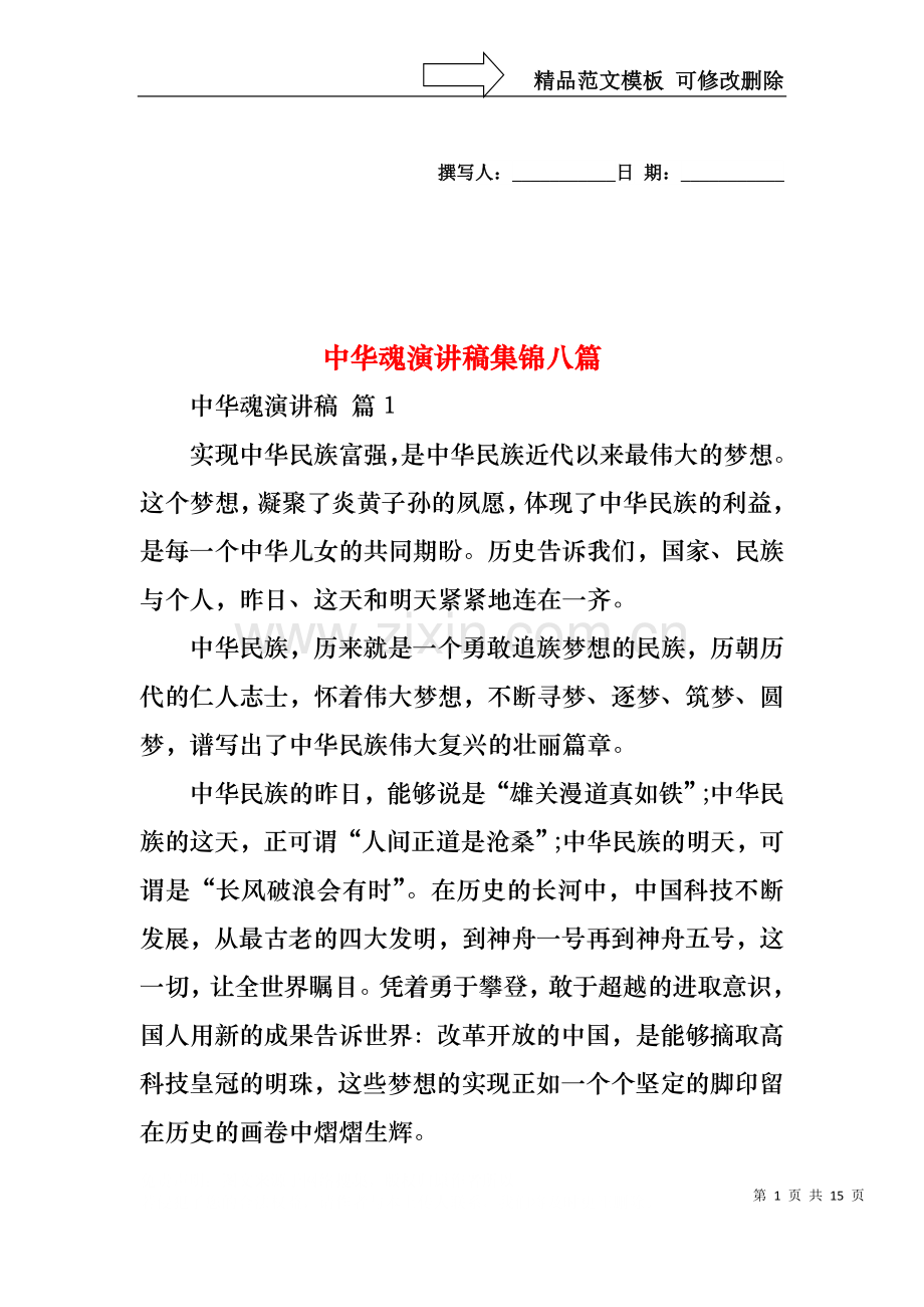 中华魂演讲稿集锦八篇1.docx_第1页