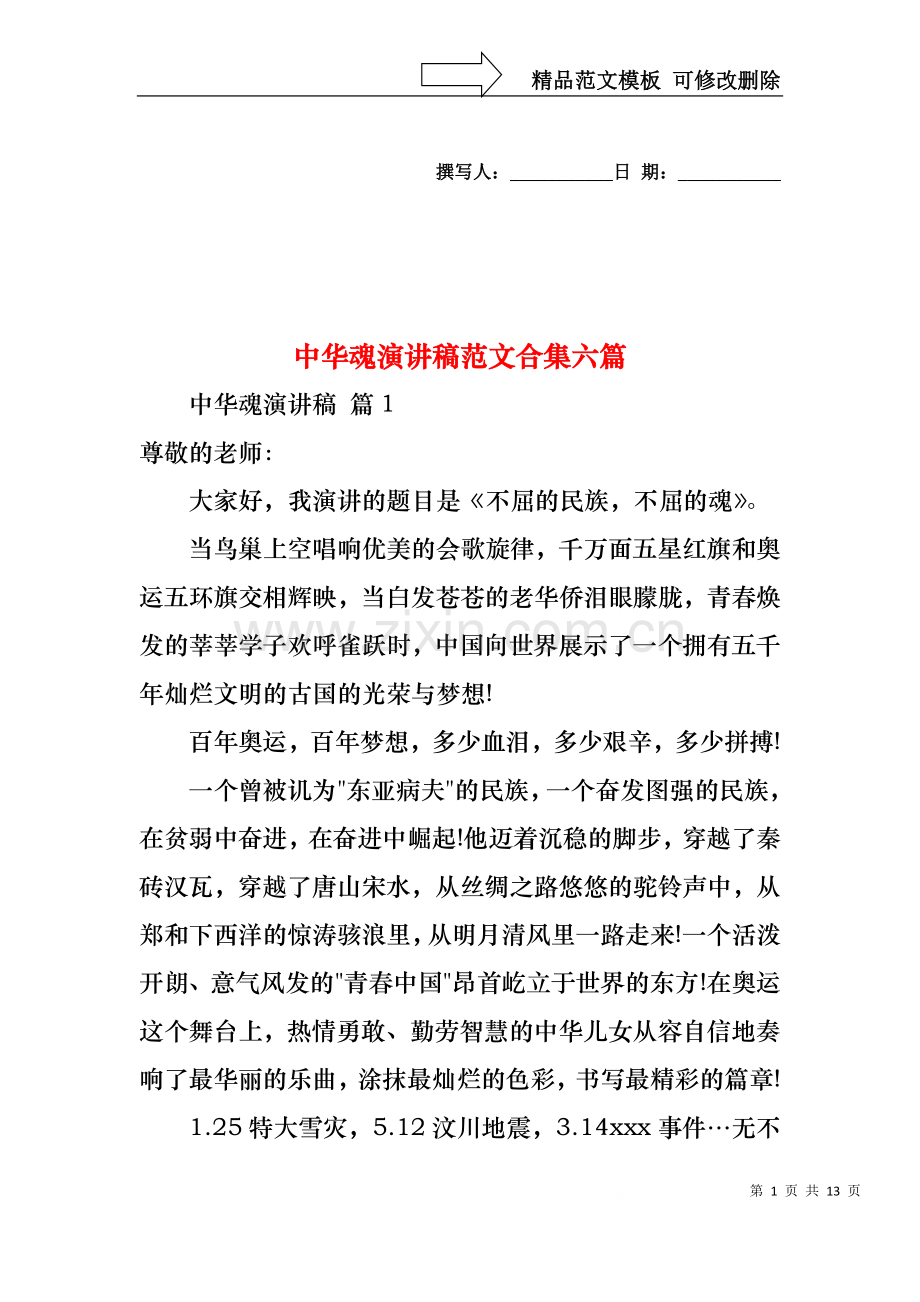 中华魂演讲稿范文合集六篇1.docx_第1页