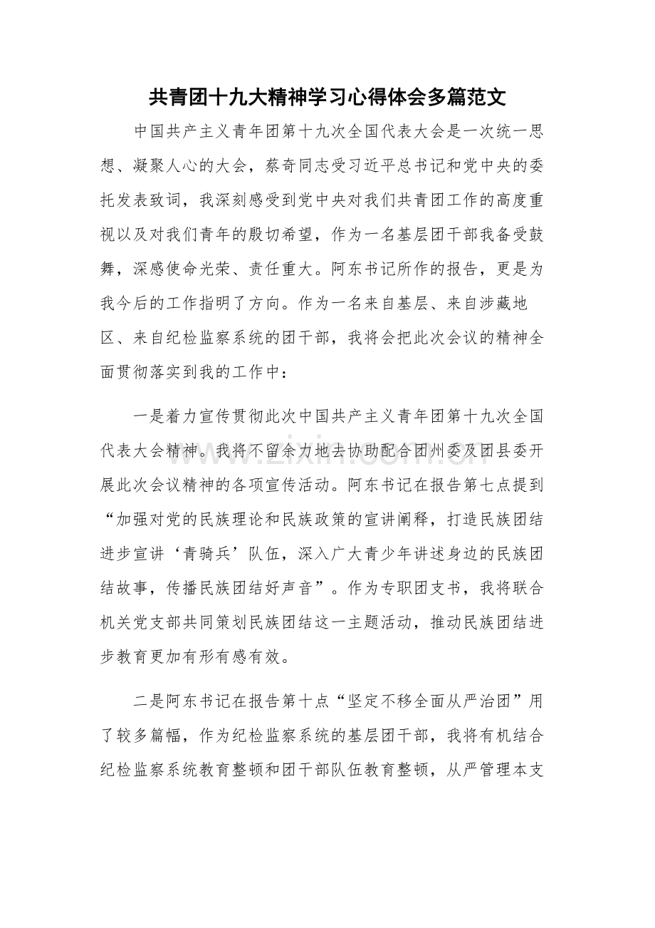 共青团十九大精神学习心得体会多篇范文.docx_第1页