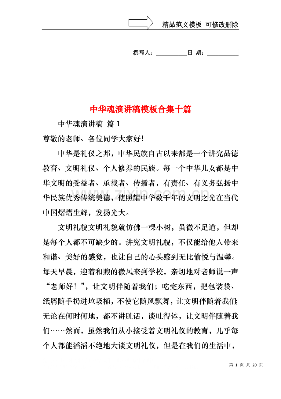 中华魂演讲稿模板合集十篇.docx_第1页