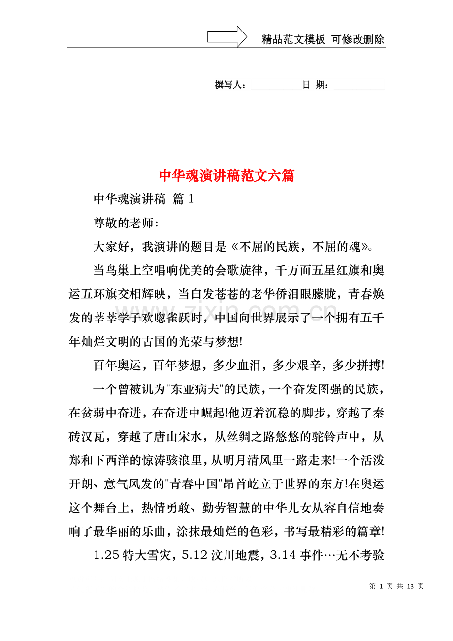 中华魂演讲稿范文六篇.docx_第1页