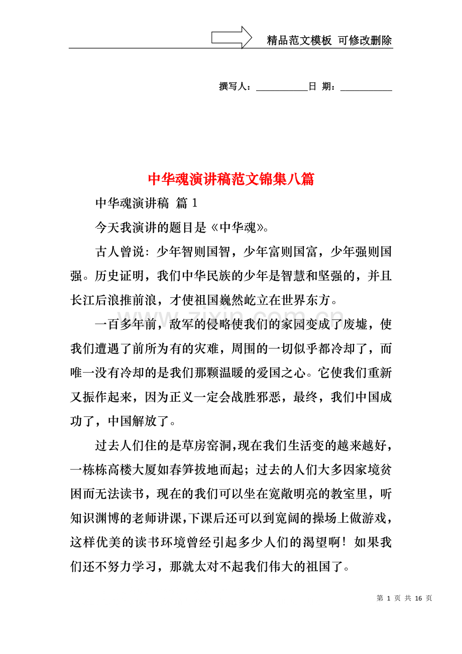 中华魂演讲稿范文锦集八篇1.docx_第1页