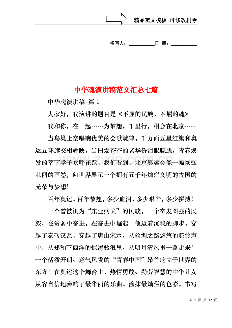 中华魂演讲稿范文汇总七篇.docx_第1页