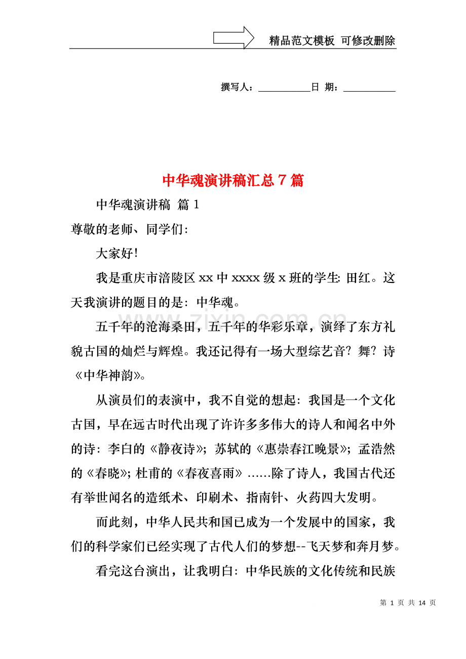 中华魂演讲稿汇总7篇1.docx_第1页