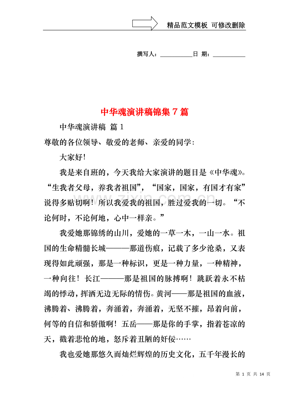 中华魂演讲稿锦集7篇.docx_第1页