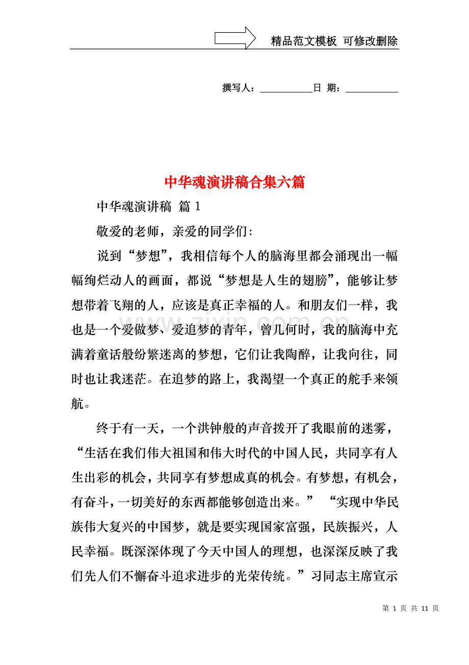 中华魂演讲稿合集六篇.docx_第1页