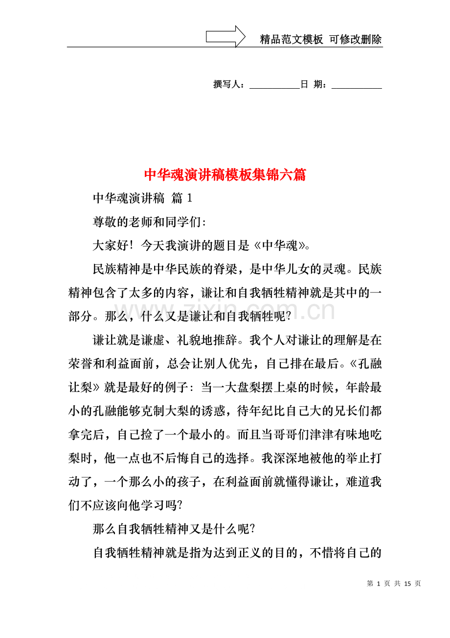 中华魂演讲稿模板集锦六篇.docx_第1页