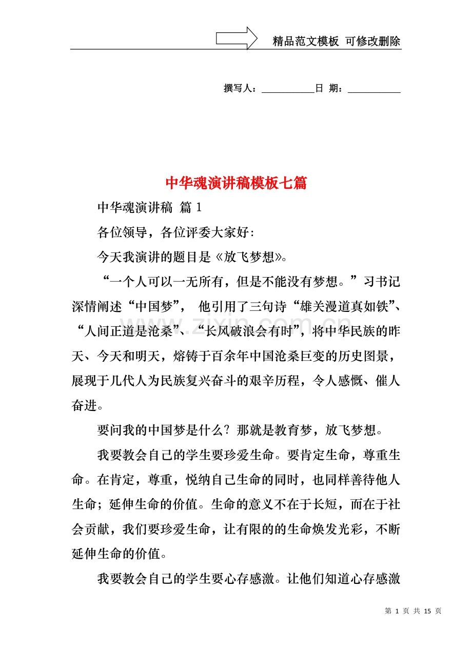 中华魂演讲稿模板七篇.docx_第1页