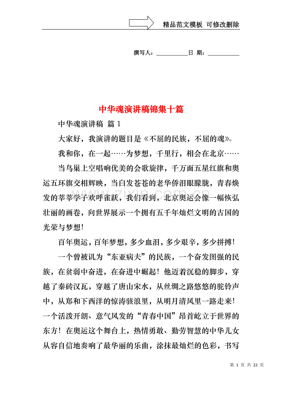 中华魂演讲稿锦集十篇1.docx_第1页