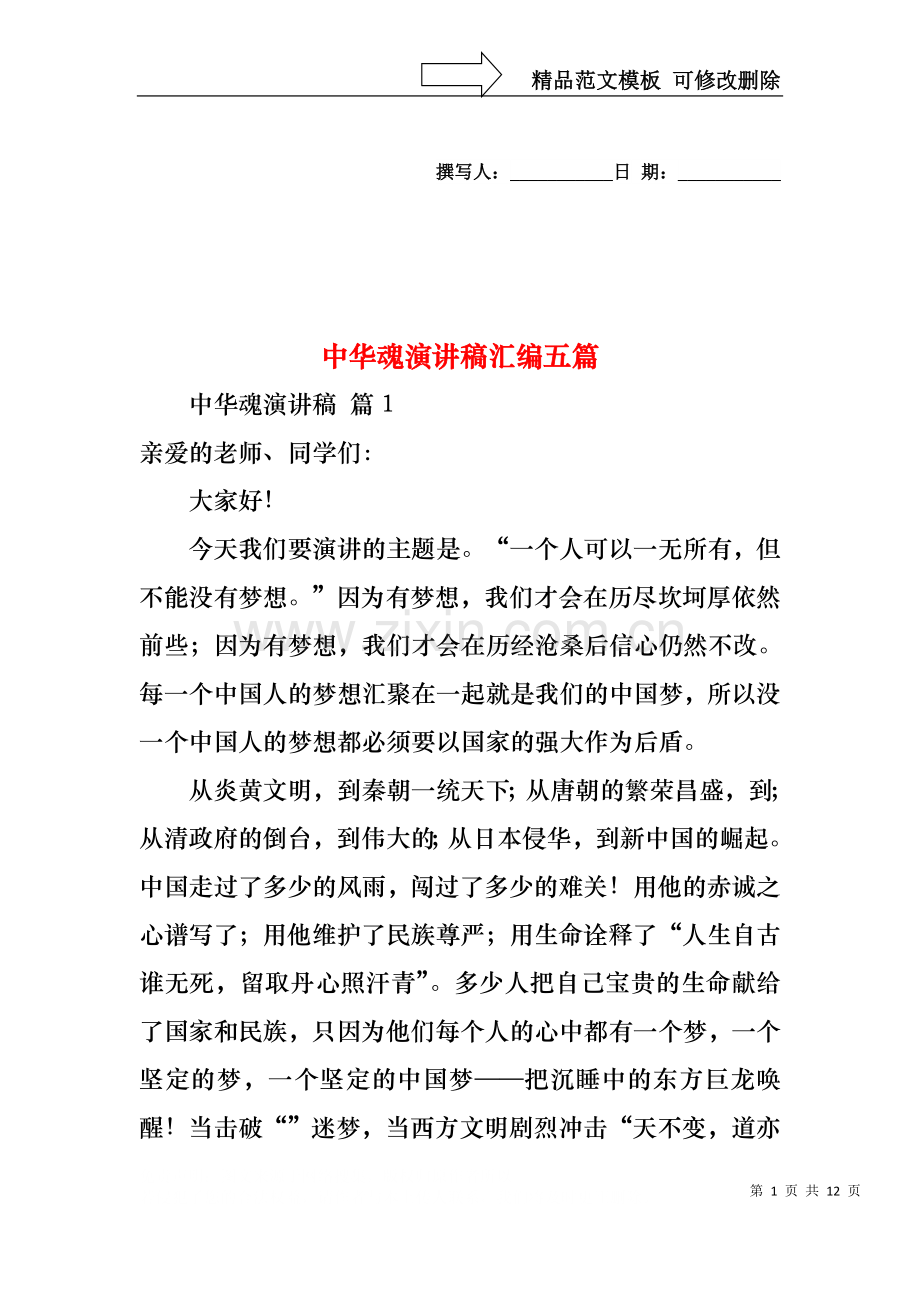 中华魂演讲稿汇编五篇.docx_第1页