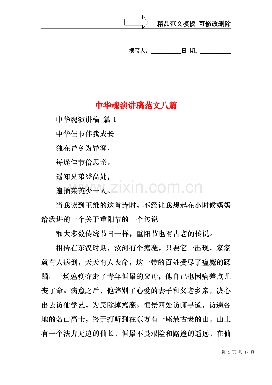 中华魂演讲稿范文八篇.docx_第1页