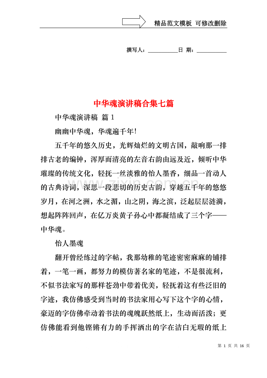 中华魂演讲稿合集七篇.docx_第1页