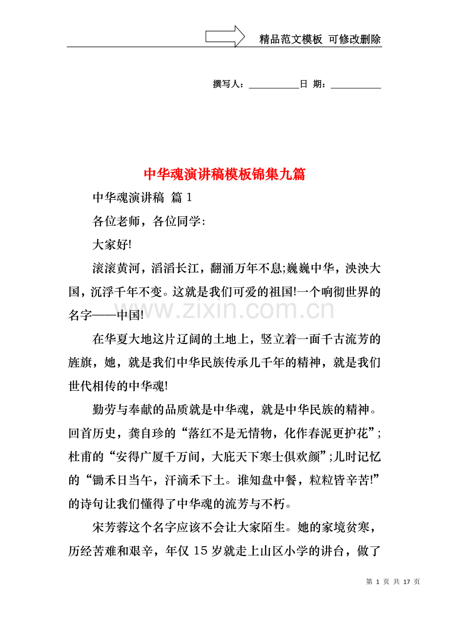 中华魂演讲稿模板锦集九篇2.docx_第1页