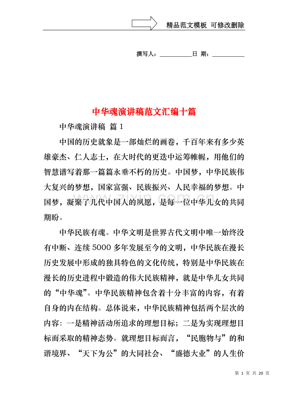 中华魂演讲稿范文汇编十篇1.docx_第1页