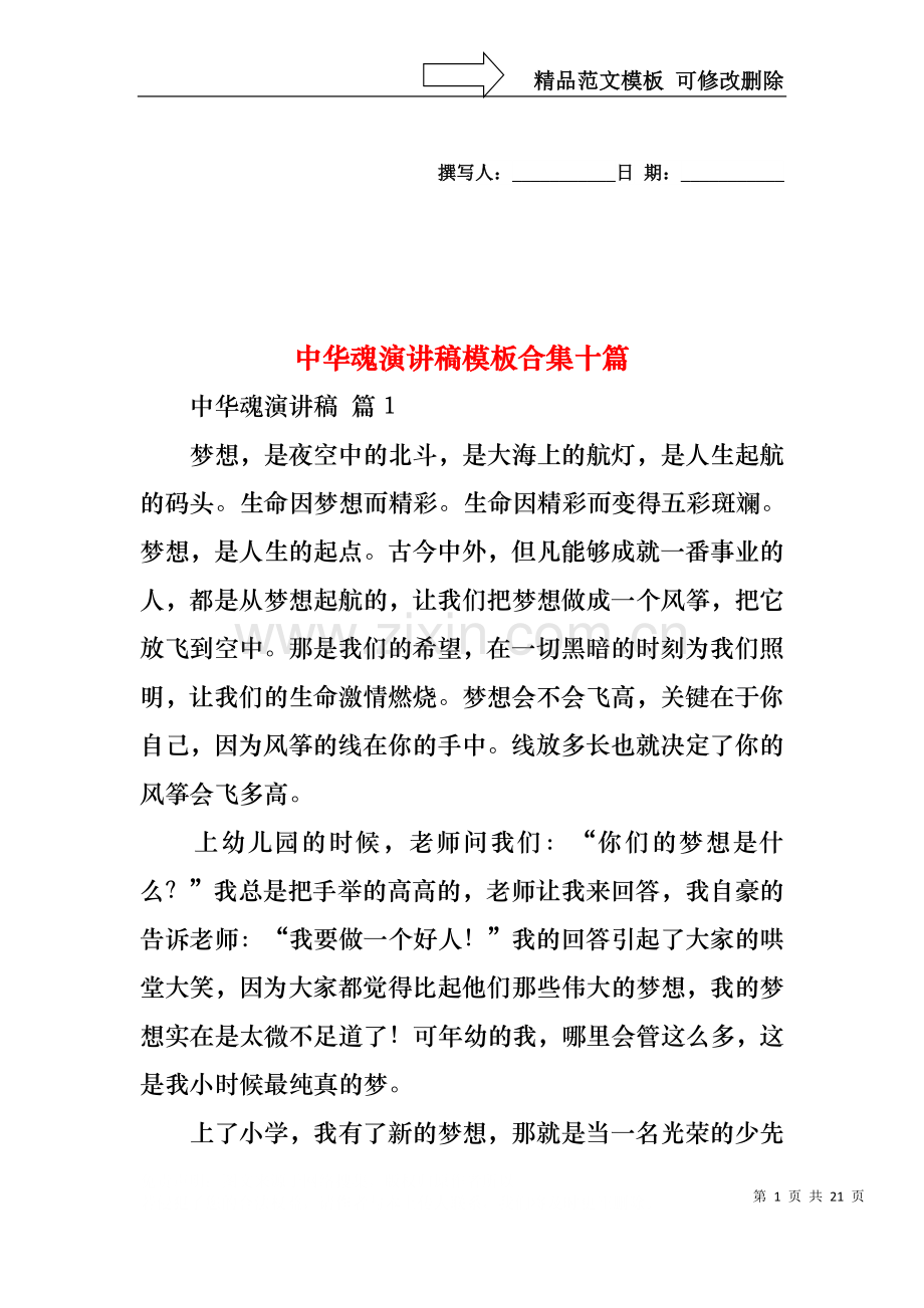 中华魂演讲稿模板合集十篇1.docx_第1页