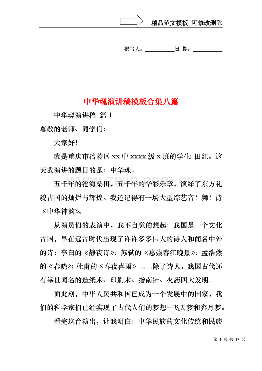 中华魂演讲稿模板合集八篇1.docx_第1页