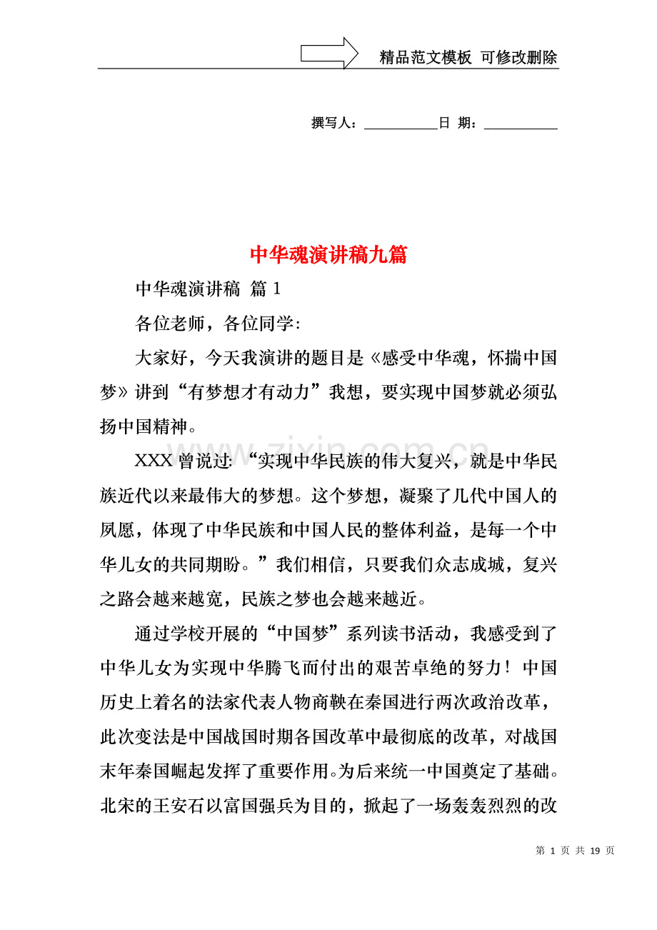 中华魂演讲稿九篇1.docx_第1页