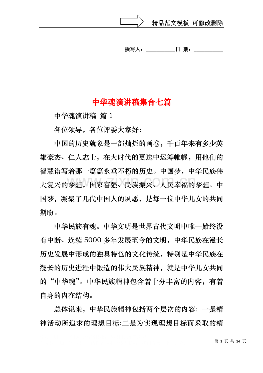 中华魂演讲稿集合七篇1.docx_第1页