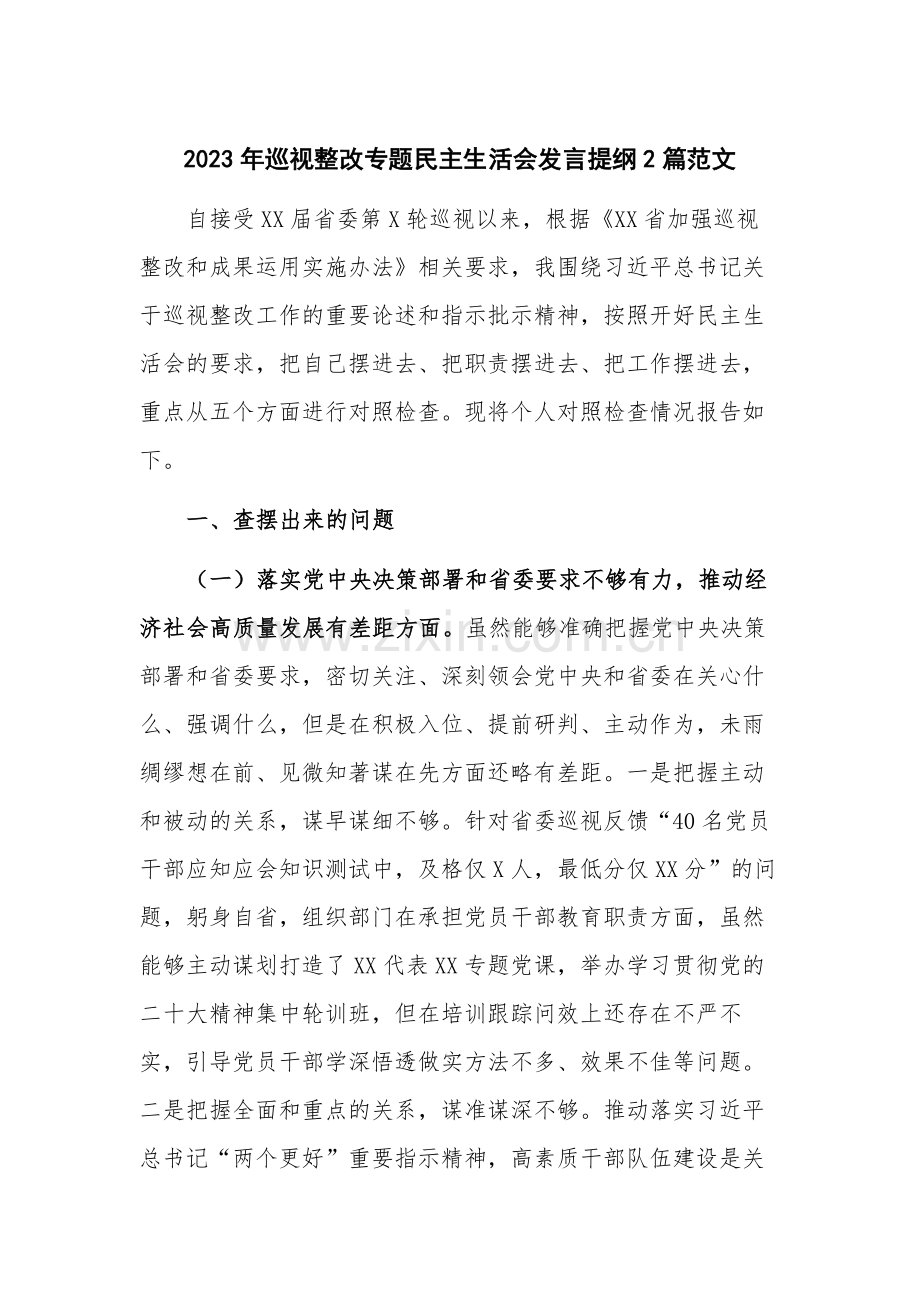 2023年巡视整改专题民主生活会发言提纲2篇范文.docx_第1页