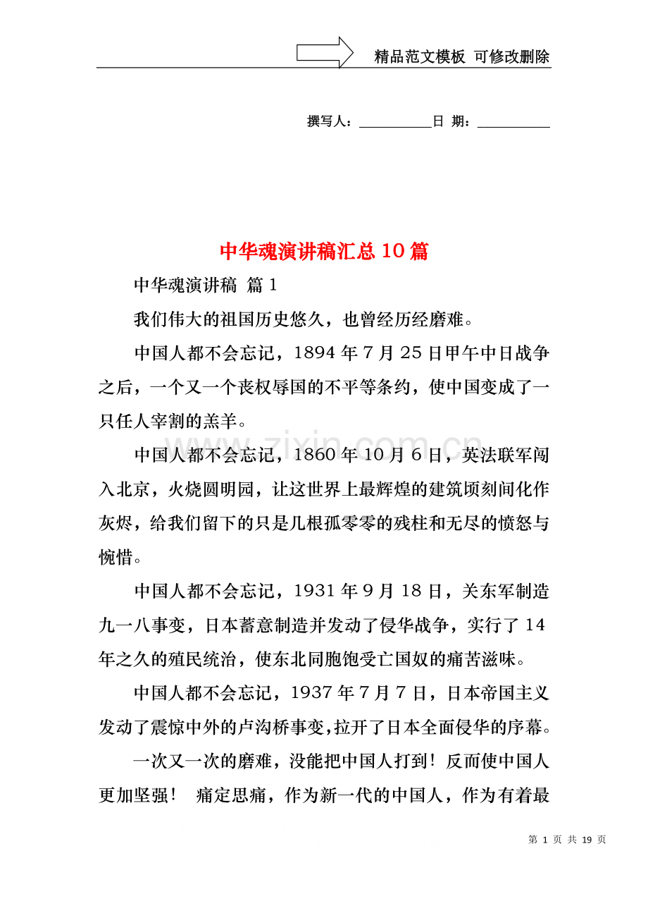 中华魂演讲稿汇总10篇1.docx_第1页