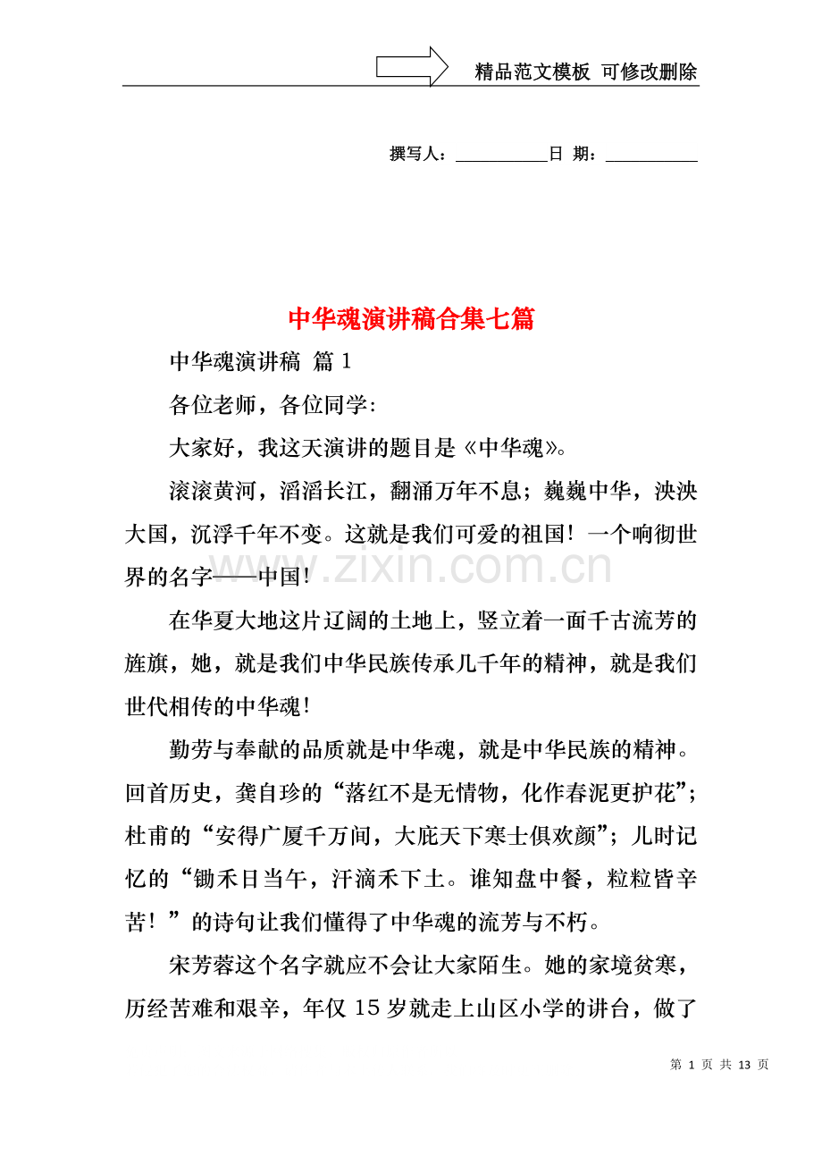 中华魂演讲稿合集七篇1.docx_第1页